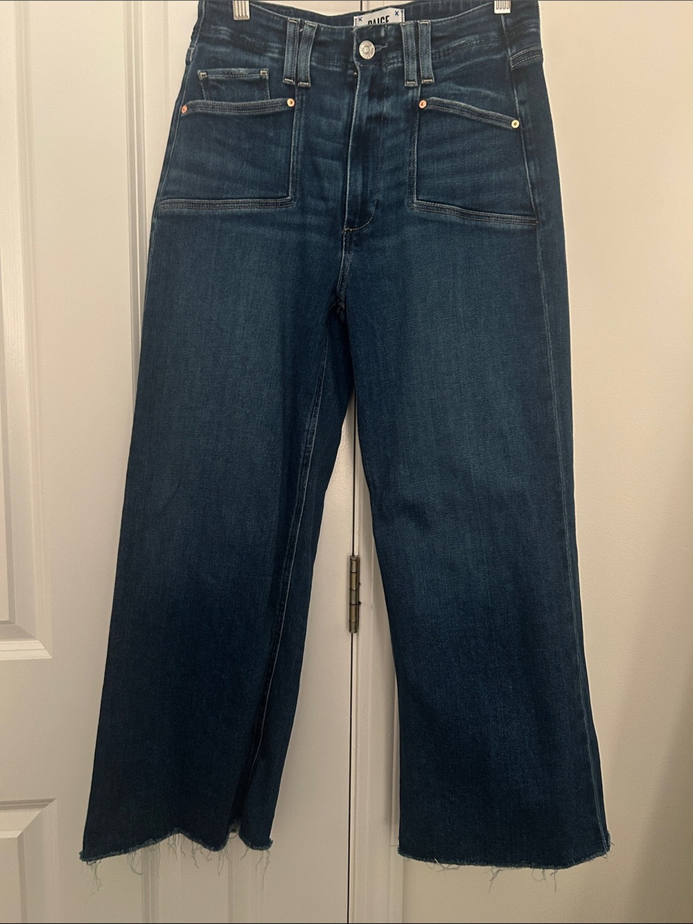 PAIGE Dark Indigo Cropped Wide-Leg Jeans with Patch Pockets